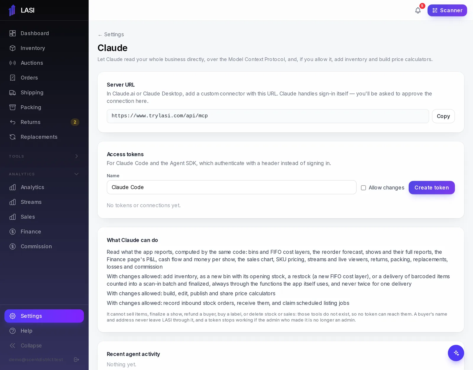 Settings → Integrations → Claude: the server URL, access tokens and recent activity.