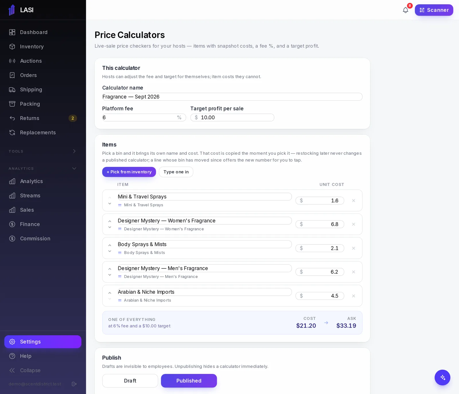 Building a calculator: pick bins, set the fee and target, then publish.