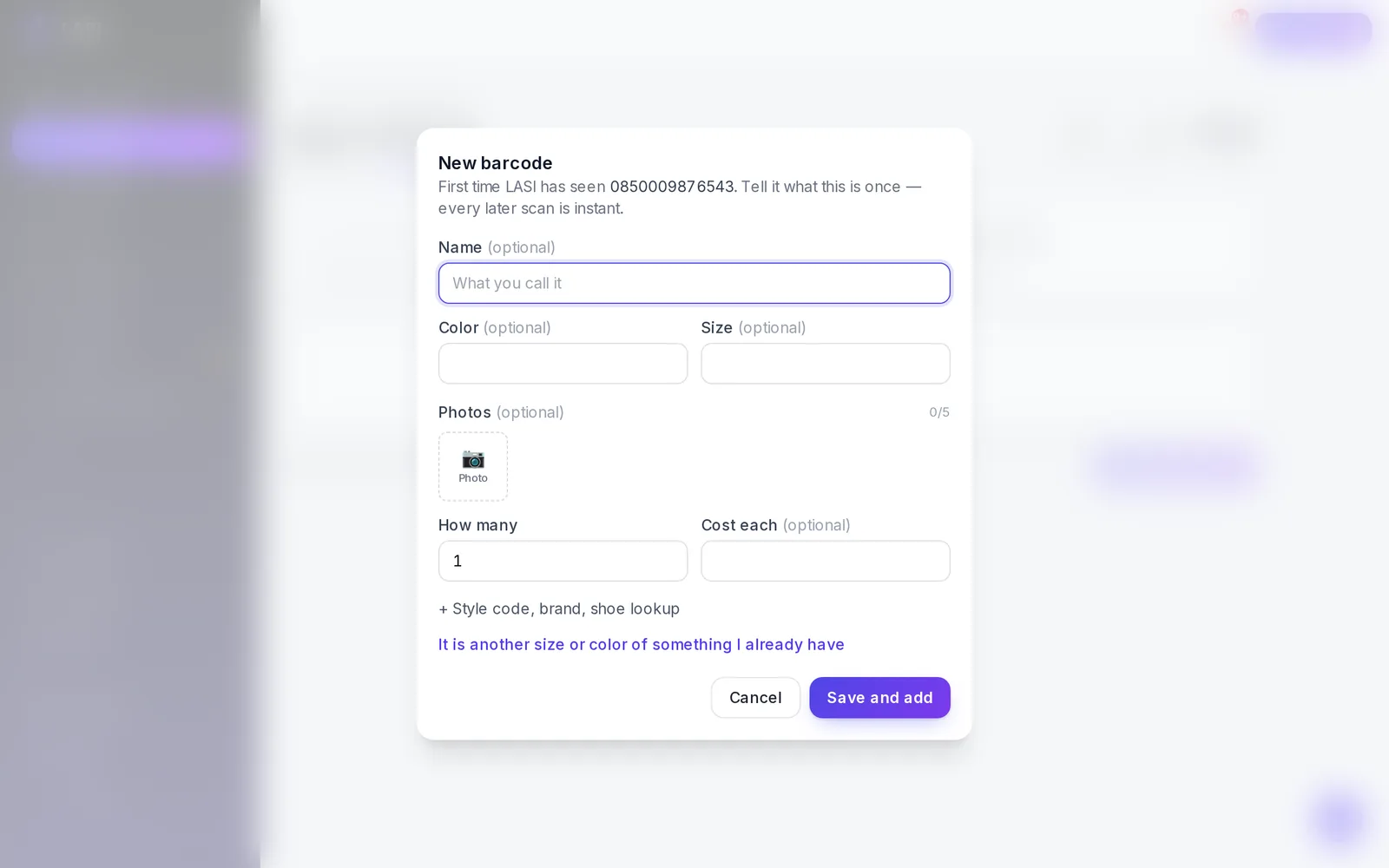 The New barcode form for a barcode LASI has never seen: name it once and every later scan is instant.