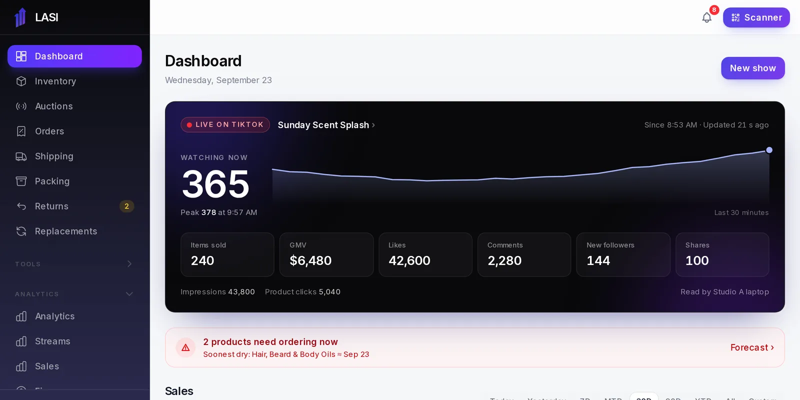 The Dashboard leads with the live stream while you are on air.