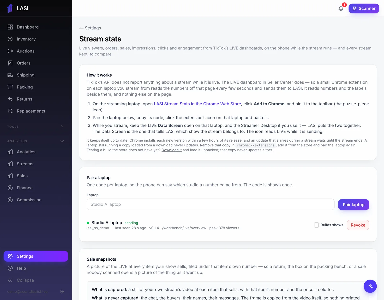Settings → Integrations → Stream stats: install from the Chrome Web Store, pair a laptop, and see which laptops are sending.