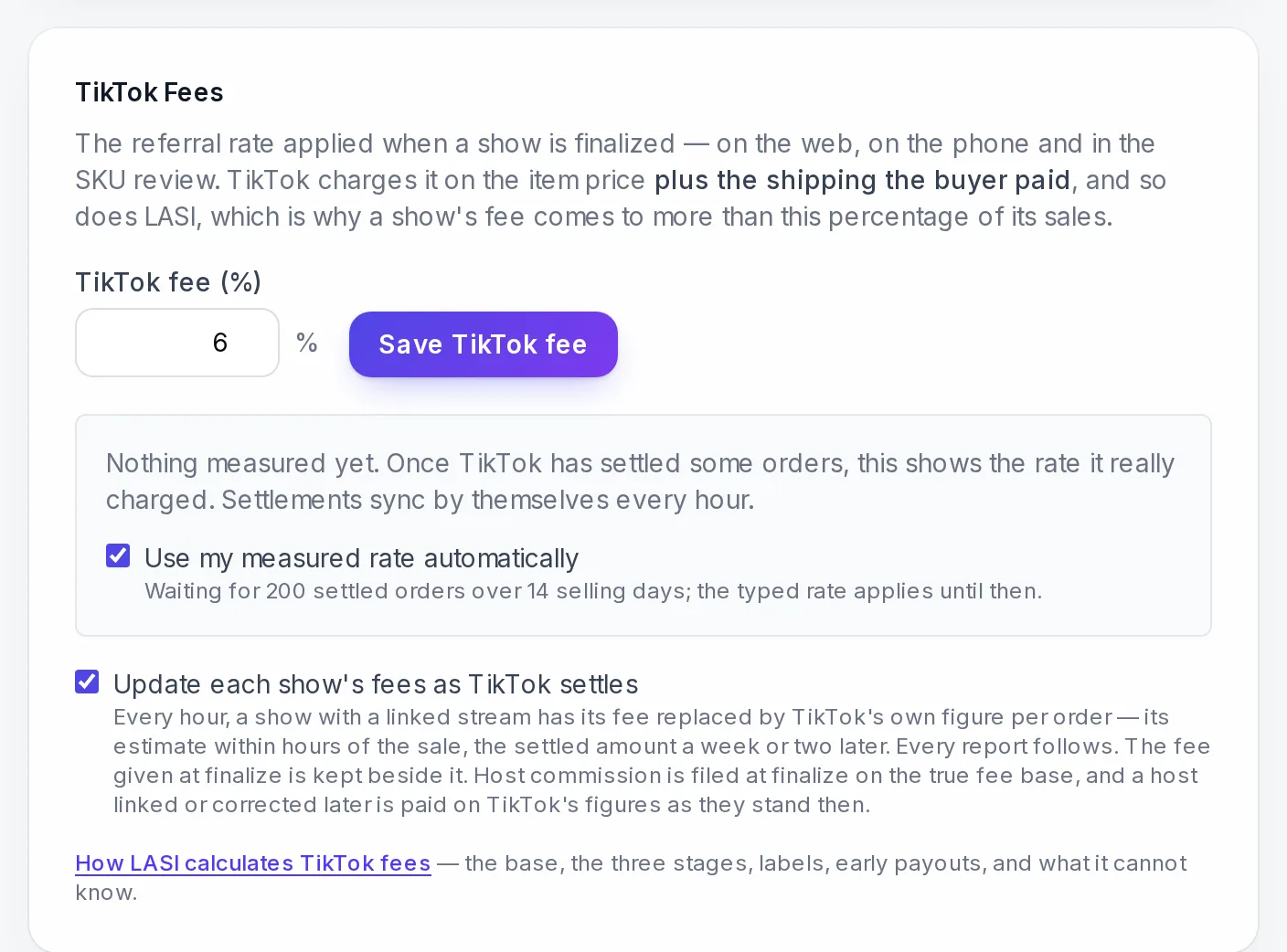 Settings → Business → TikTok Fees: the rate, what TikTok really charged, and the two switches.