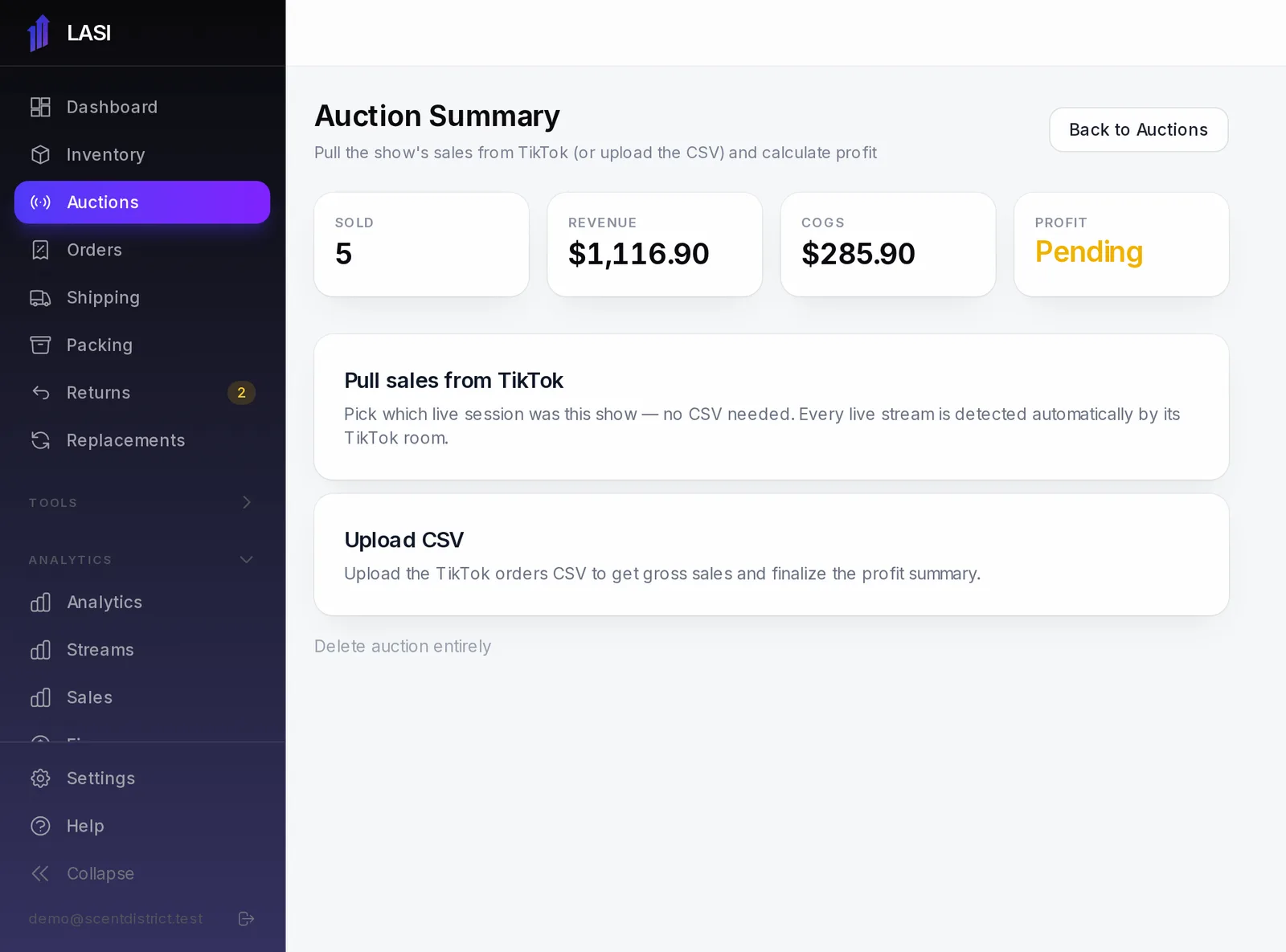 The start of the finalize wizard: pull the show’s sales from TikTok, or upload the CSV.
