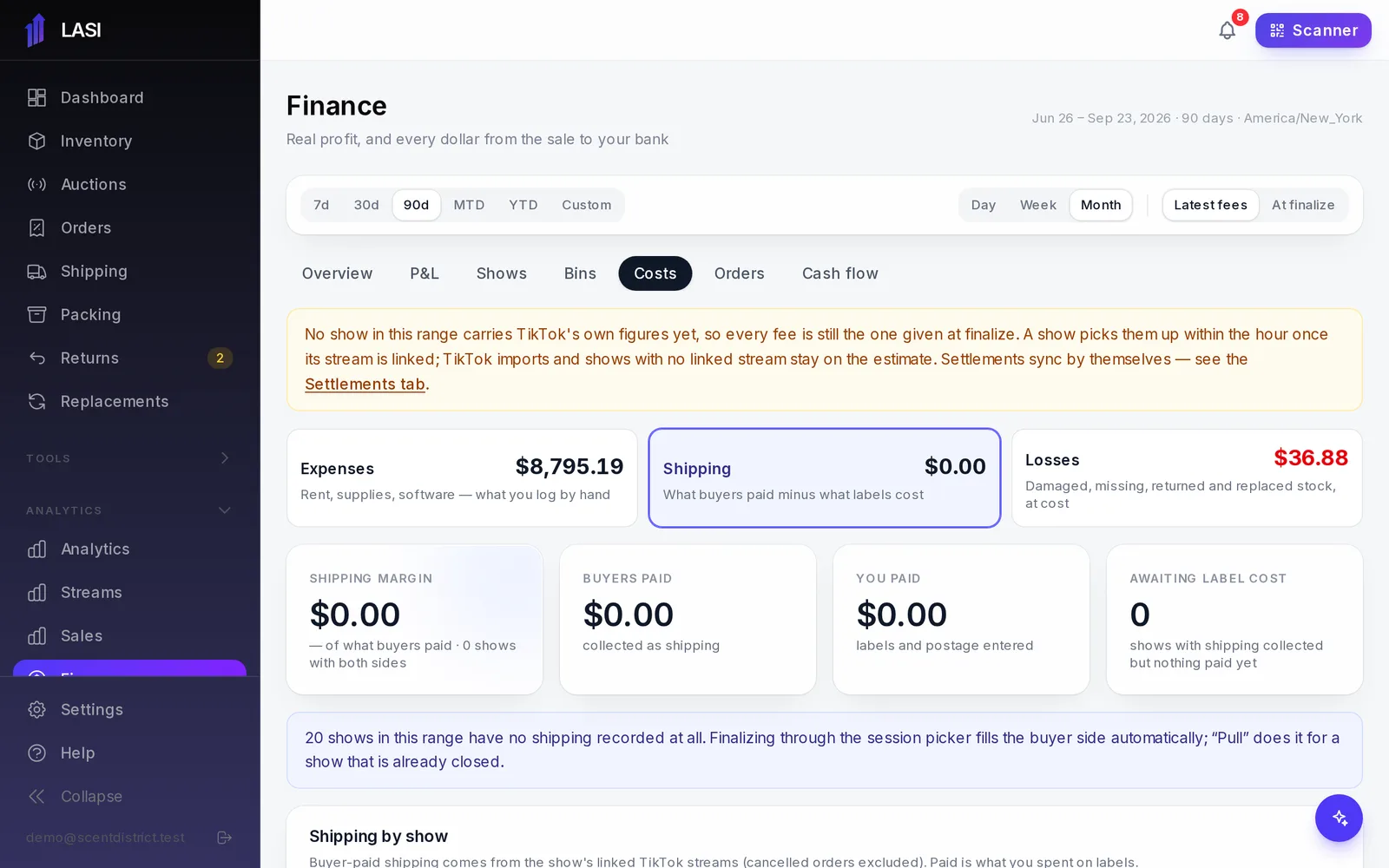 Costs, with the Shipping view open: the margin, what buyers paid, what you paid, and shows still waiting for a label bill.