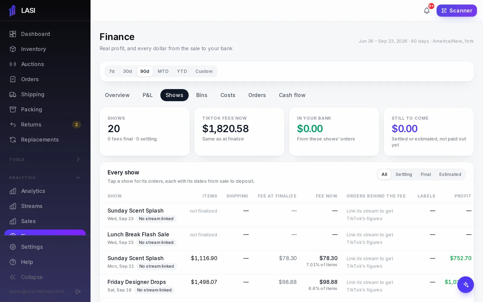 The Shows tab: each show’s fee at finalize beside the fee now, and its profit.
