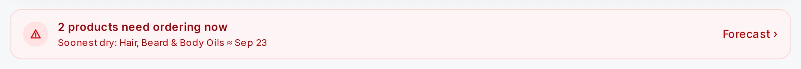 The reorder banner on the dashboard appears only when something needs ordering.