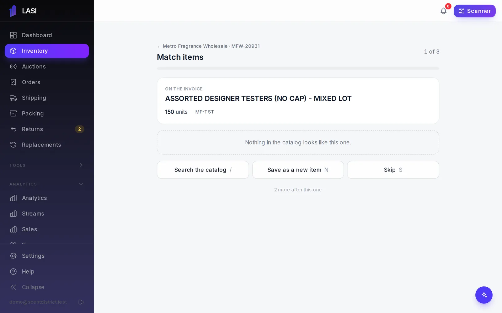 Match items: one line, its closest catalog products as big cards, and a key for every choice.