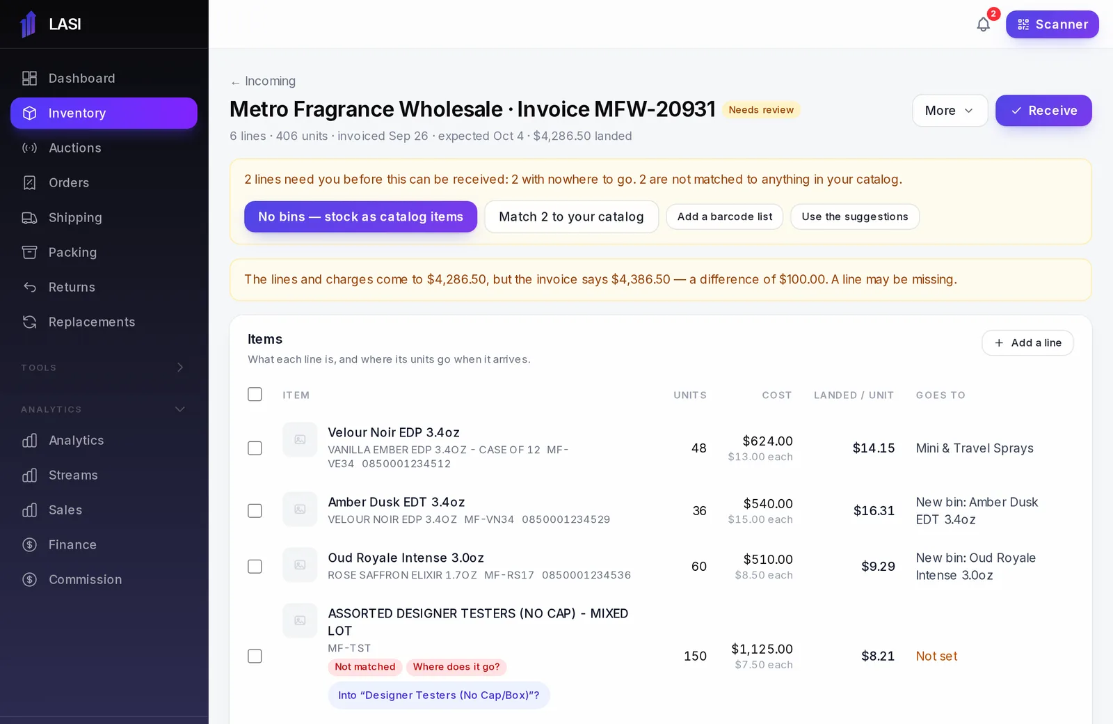 An incoming order in LASI with invoice lines matched to catalog items and their landed costs