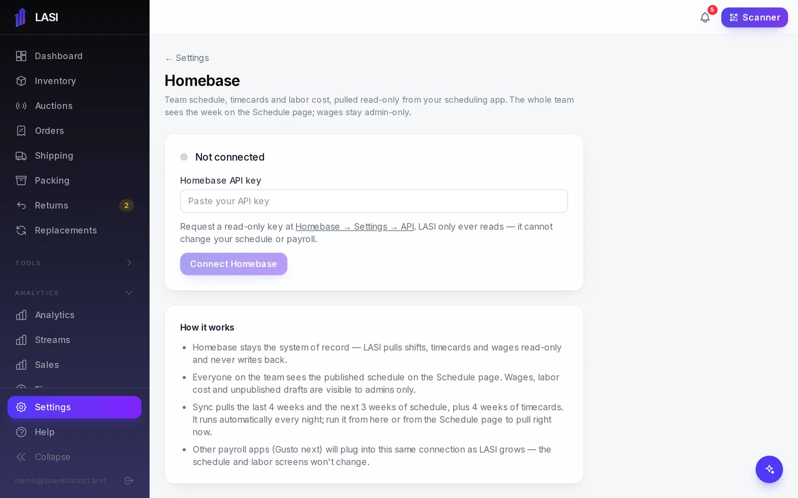 Settings → Integrations → Homebase before connecting: paste the read-only API key and press **Connect Homebase**.