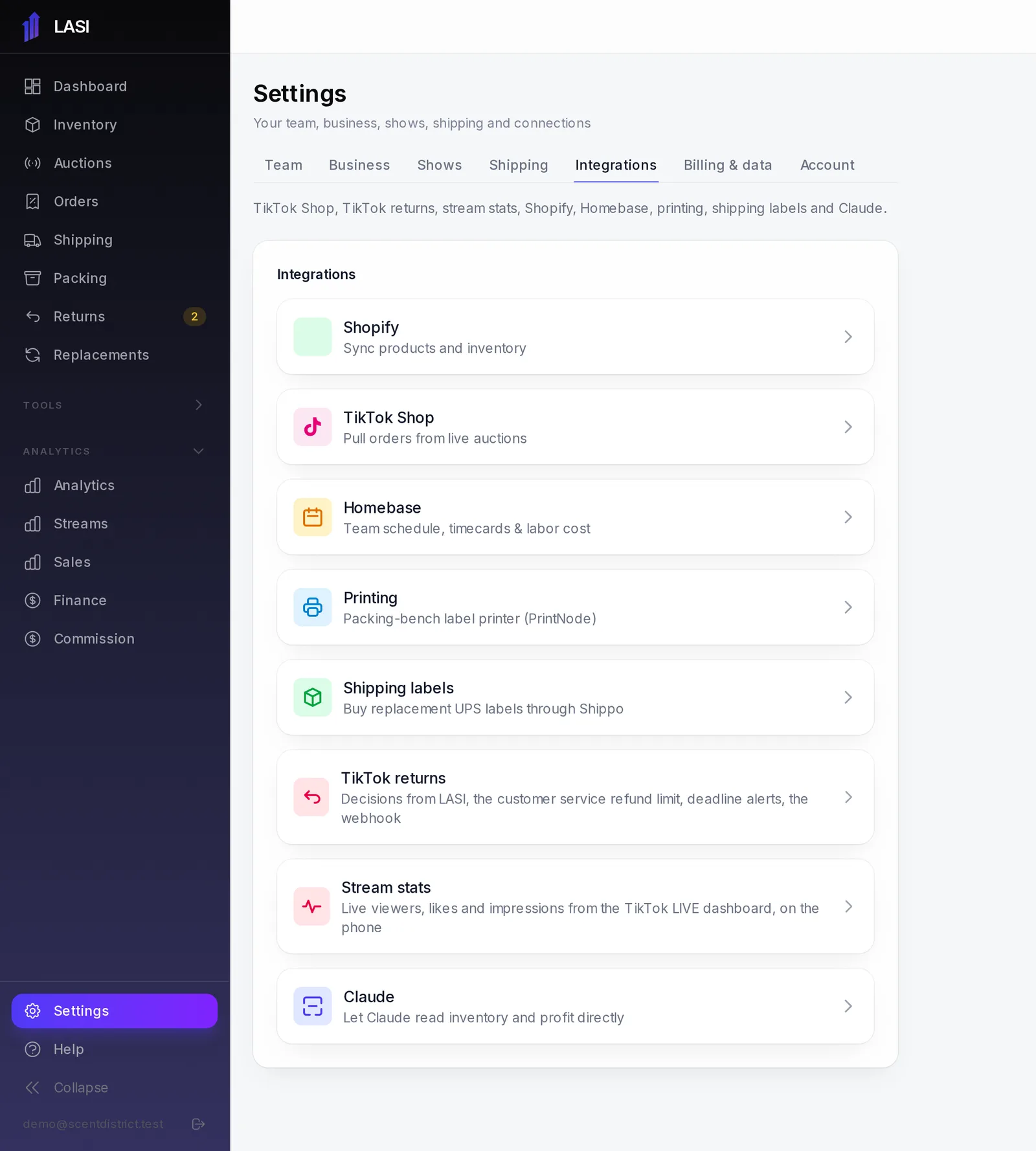 Settings → Integrations lists every connection with a one-line description of what it does.
