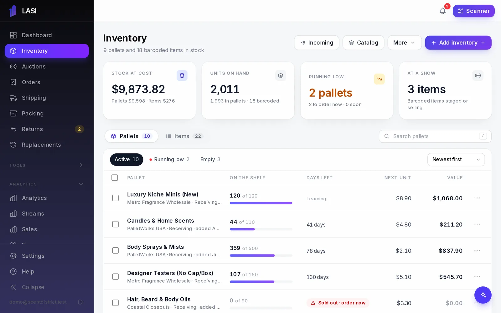 The Inventory page on the Pallets tab, with the summary tiles on top.