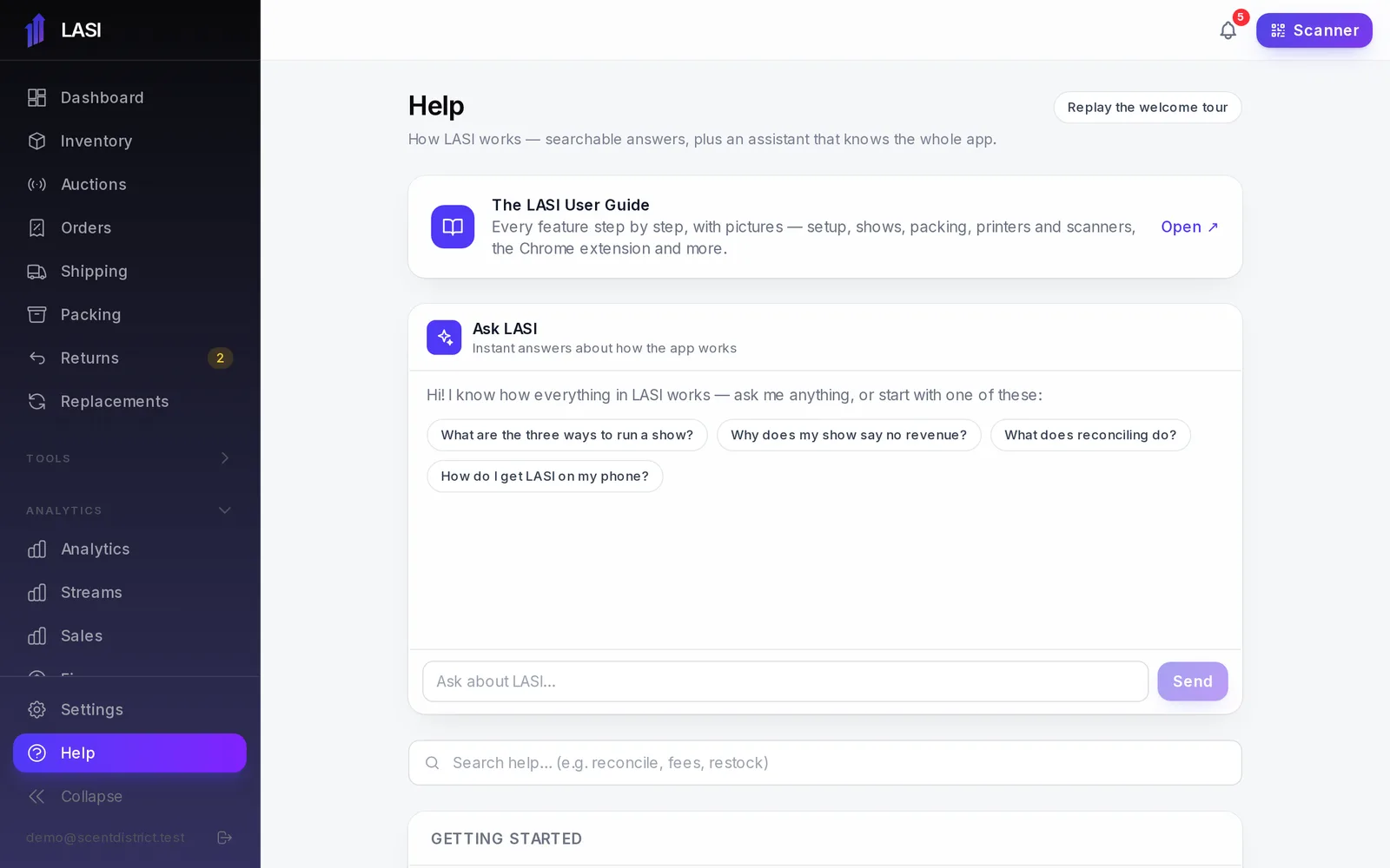 The Help page: the assistant, the search box and the answers.