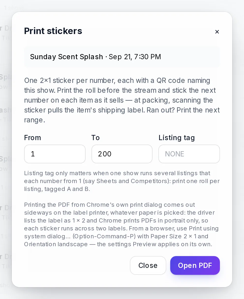 The Print stickers dialog, opened from a show’s ⋯ menu on Auctions.