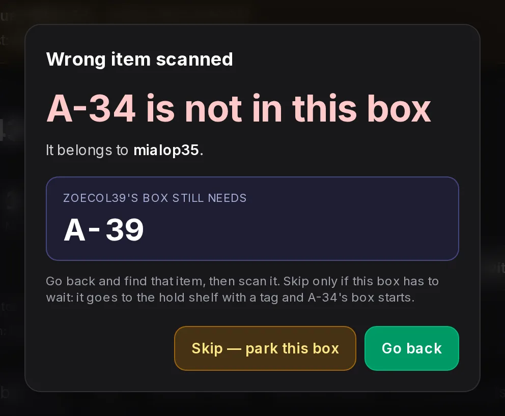 The LASI packing bench stopping a wrong item: A-34 is not in this box, which still needs A-39