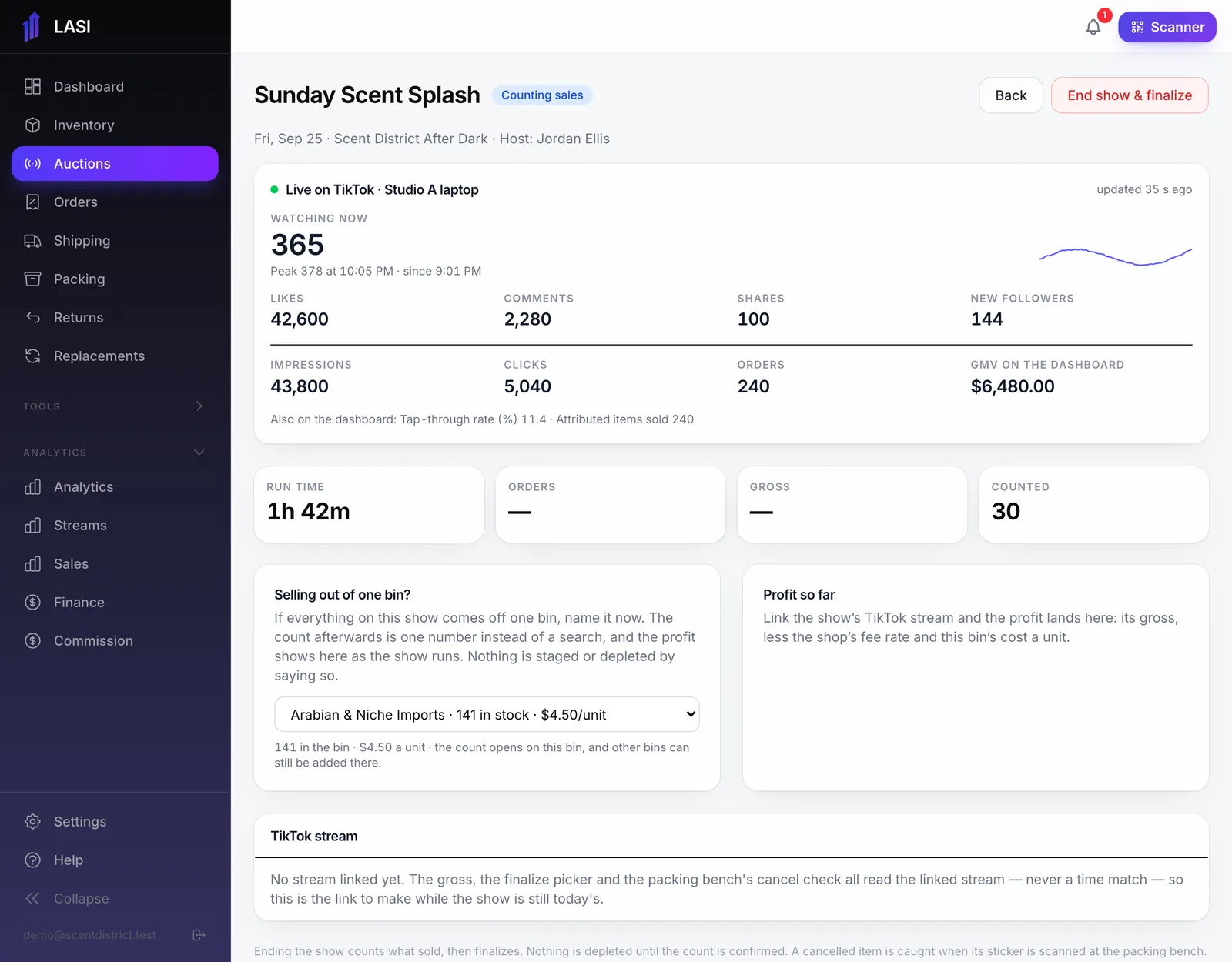 The counting board while a show is on air: live stats from the Chrome extension, the run time, the one-bin question and the profit card.