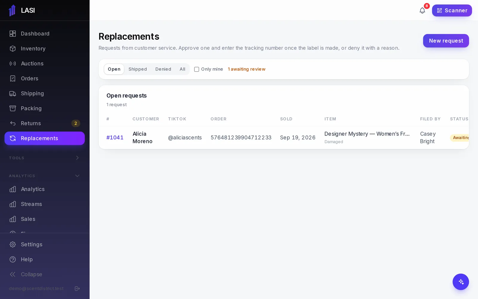 The list of requests, filtered to Open, with the one awaiting review.