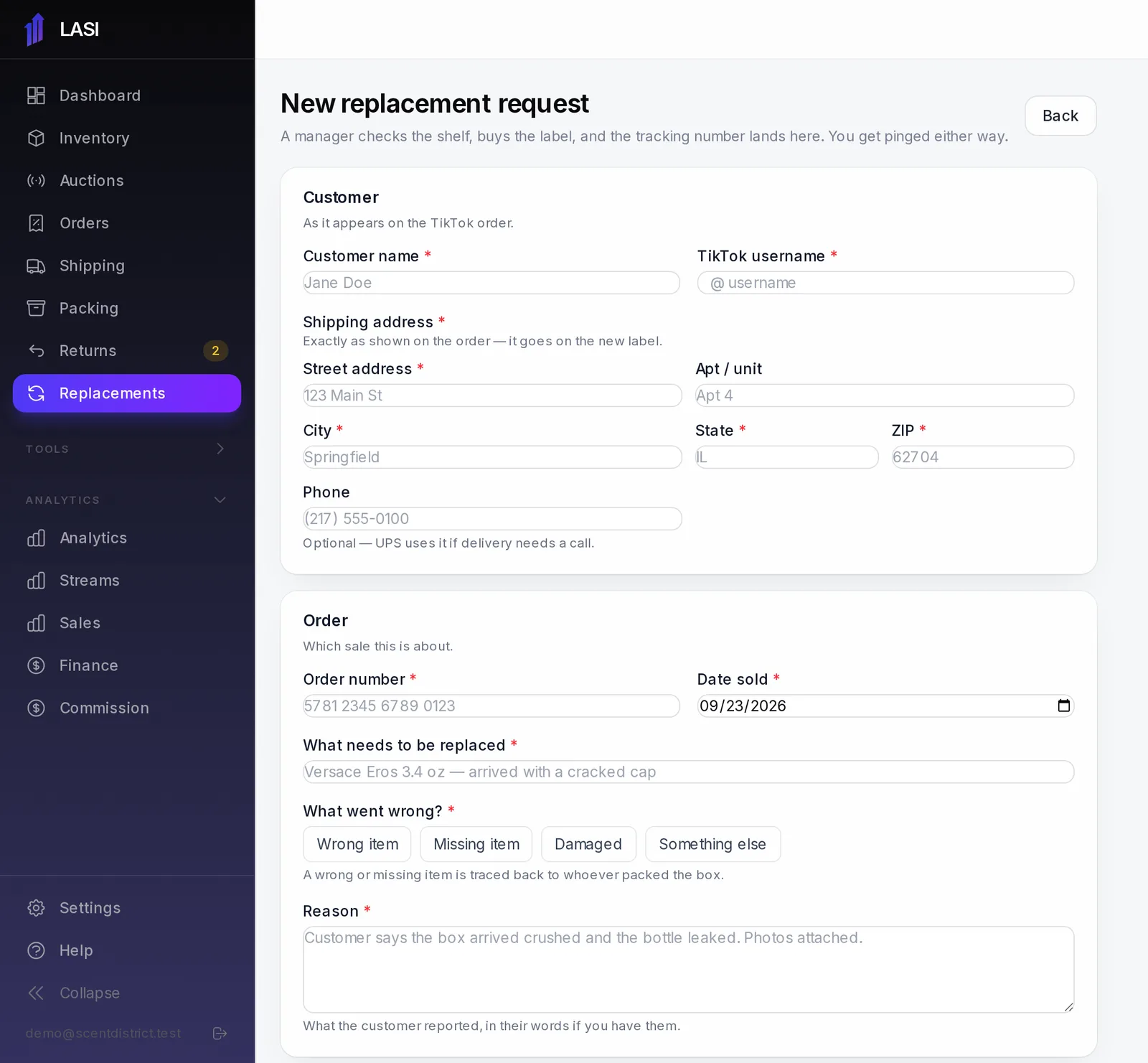 The New replacement request form.