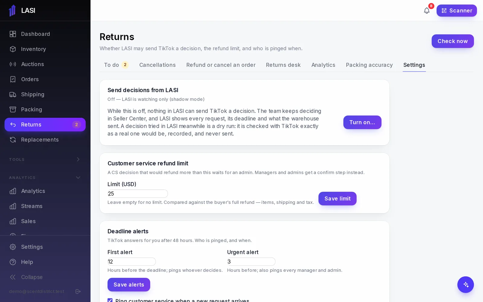 Returns → Settings: the switch that lets LASI send decisions, and the refund limit.