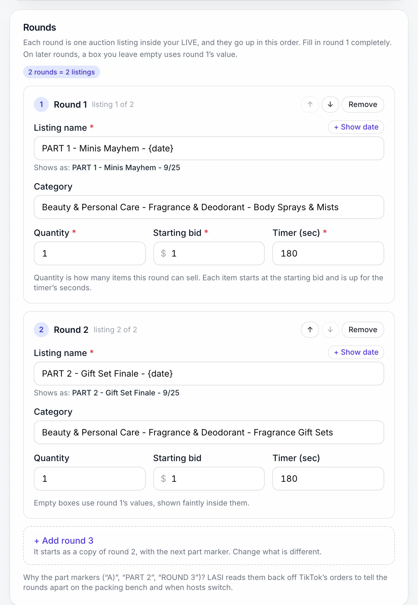Rounds: each one is a whole listing. Round 2 started as a copy of round 1.