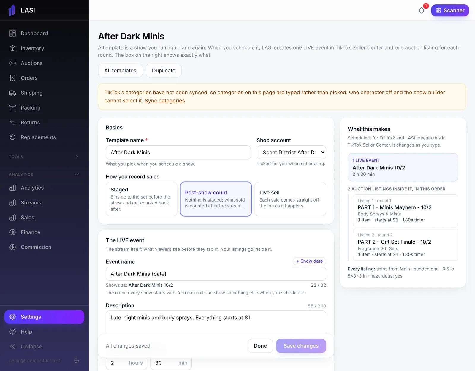 One template. On the right, what scheduling it creates: the LIVE event, and one listing per round.