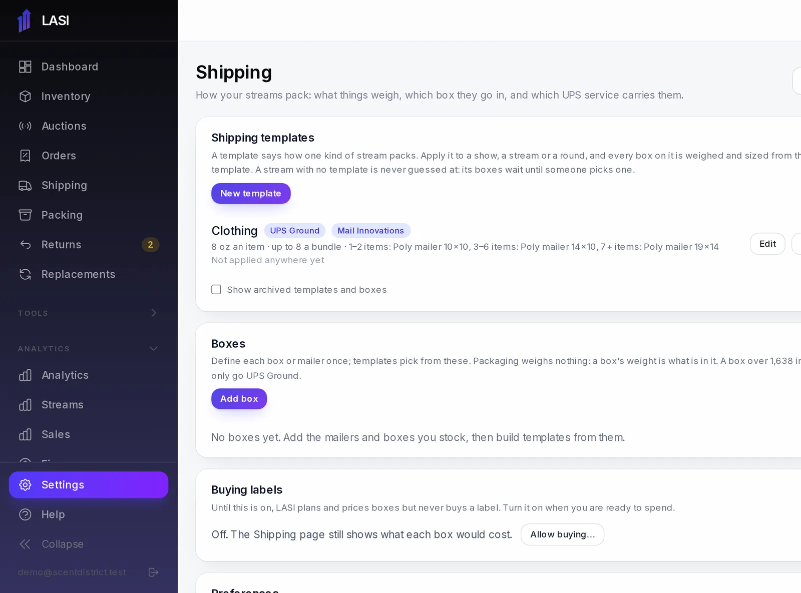 Shipping settings: templates, boxes, the buying switch and the rules.
