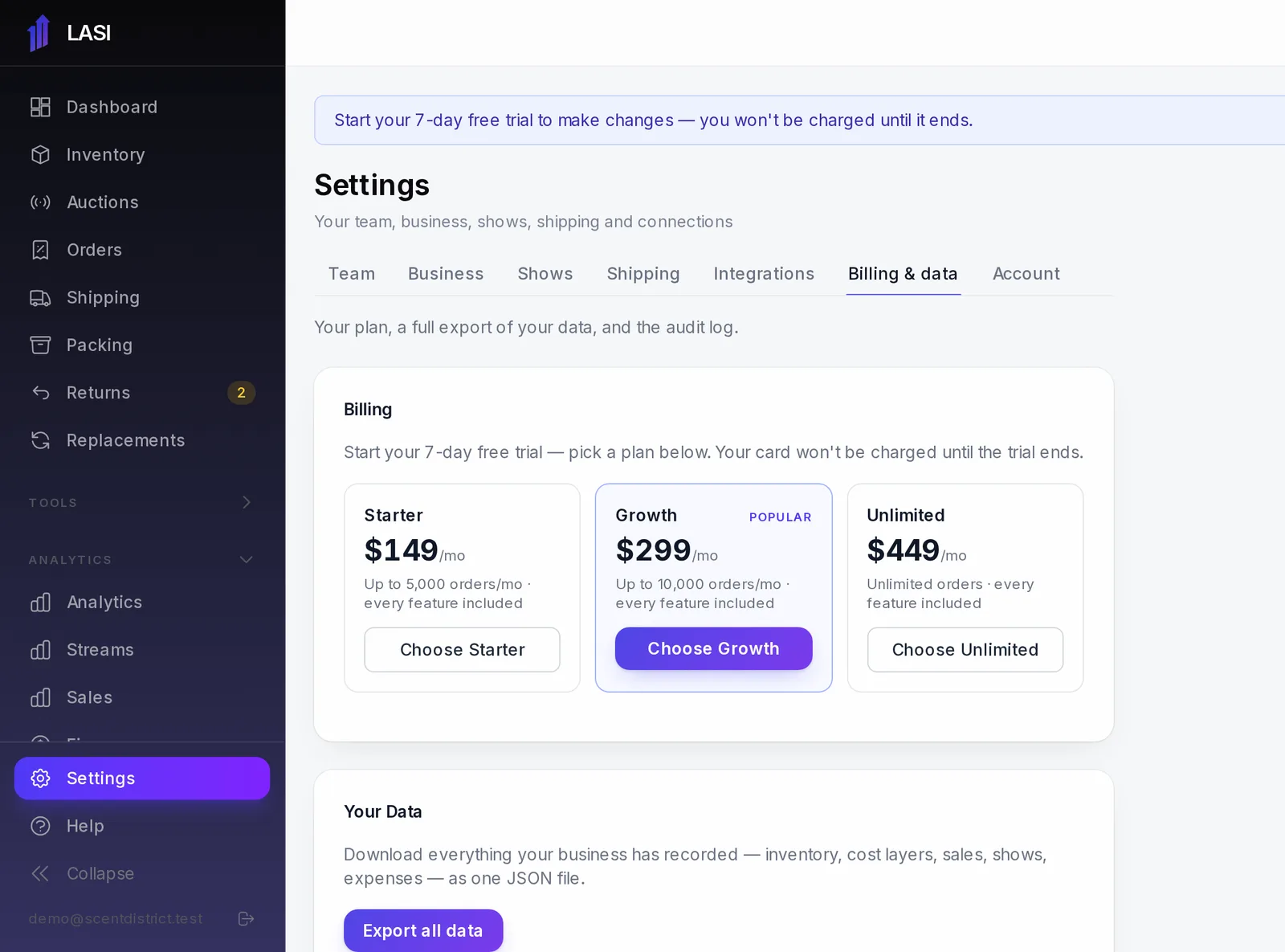Pick a plan to start the trial; your card is not charged until the trial ends.
