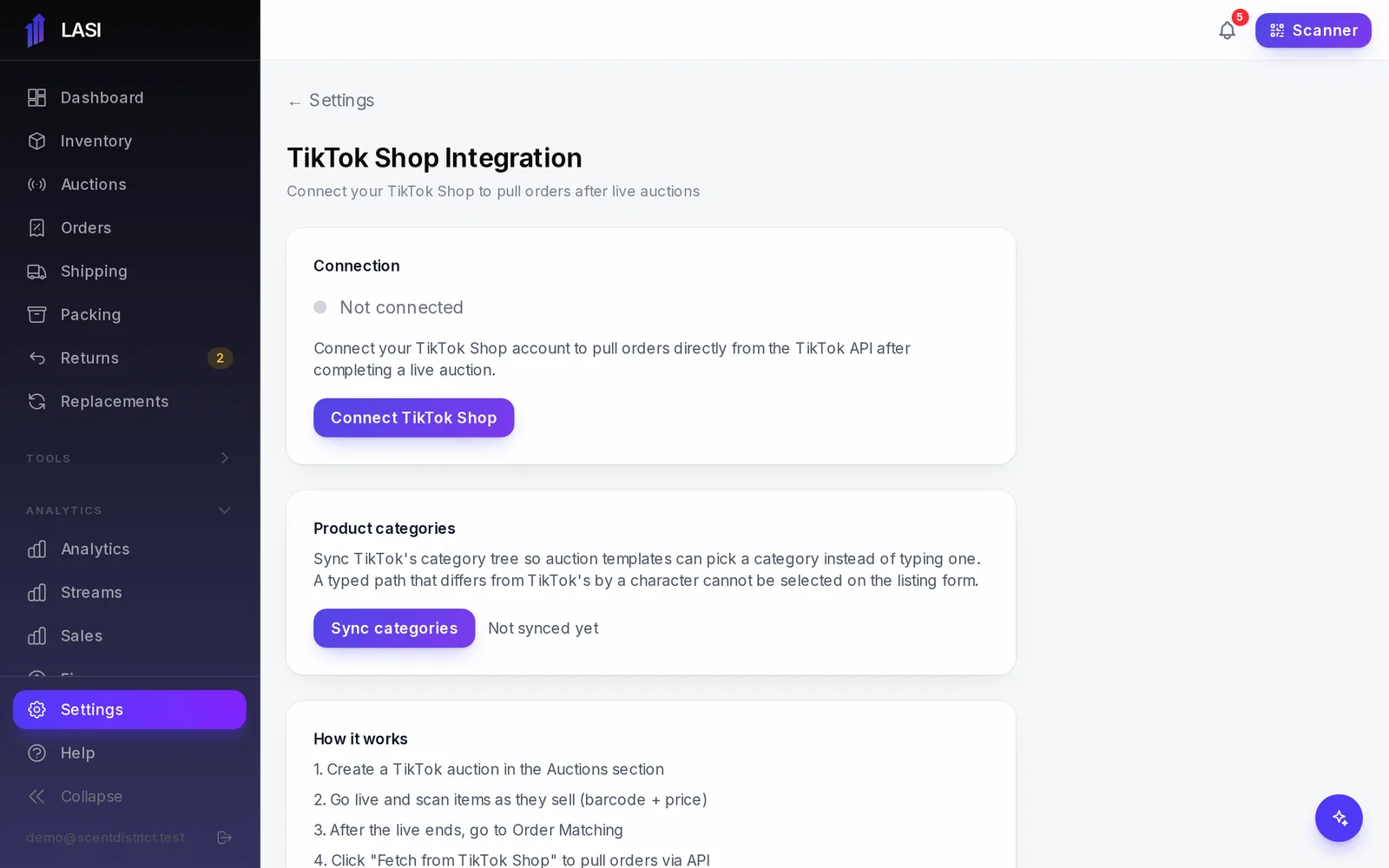 Settings → Integrations → TikTok Shop before a shop is connected: press **Connect TikTok Shop**.