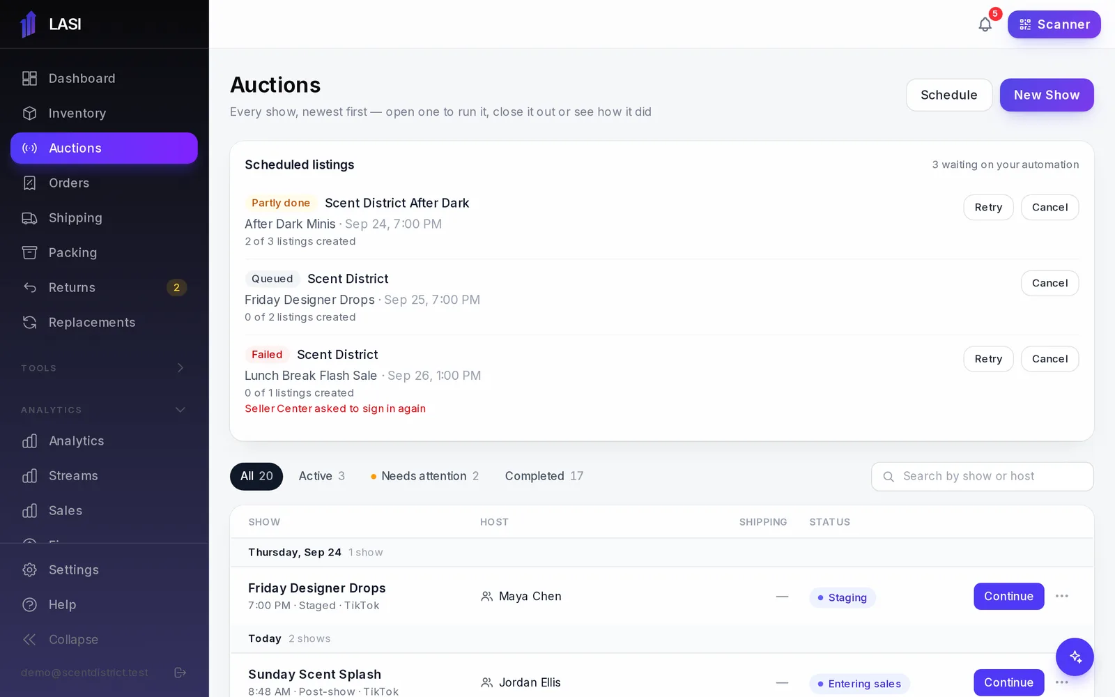 The Auctions page: filters, search, day headings, one row per show.