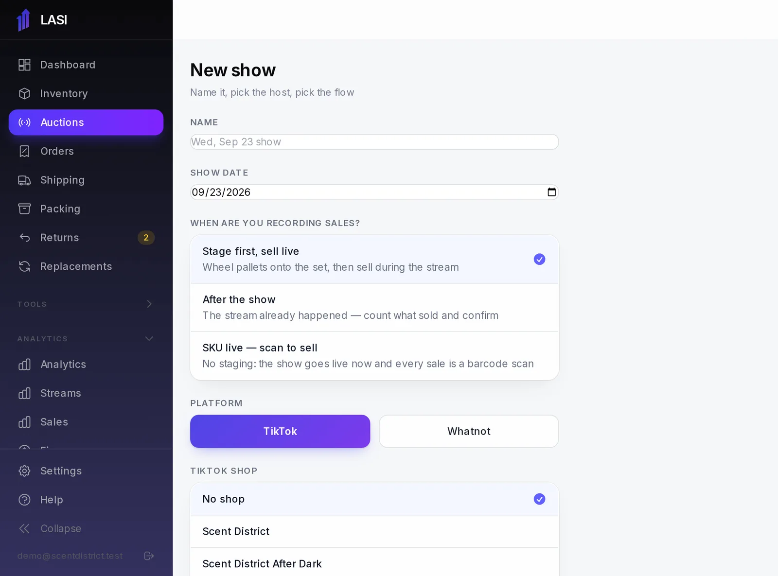 The New show page, with “After the show” chosen.