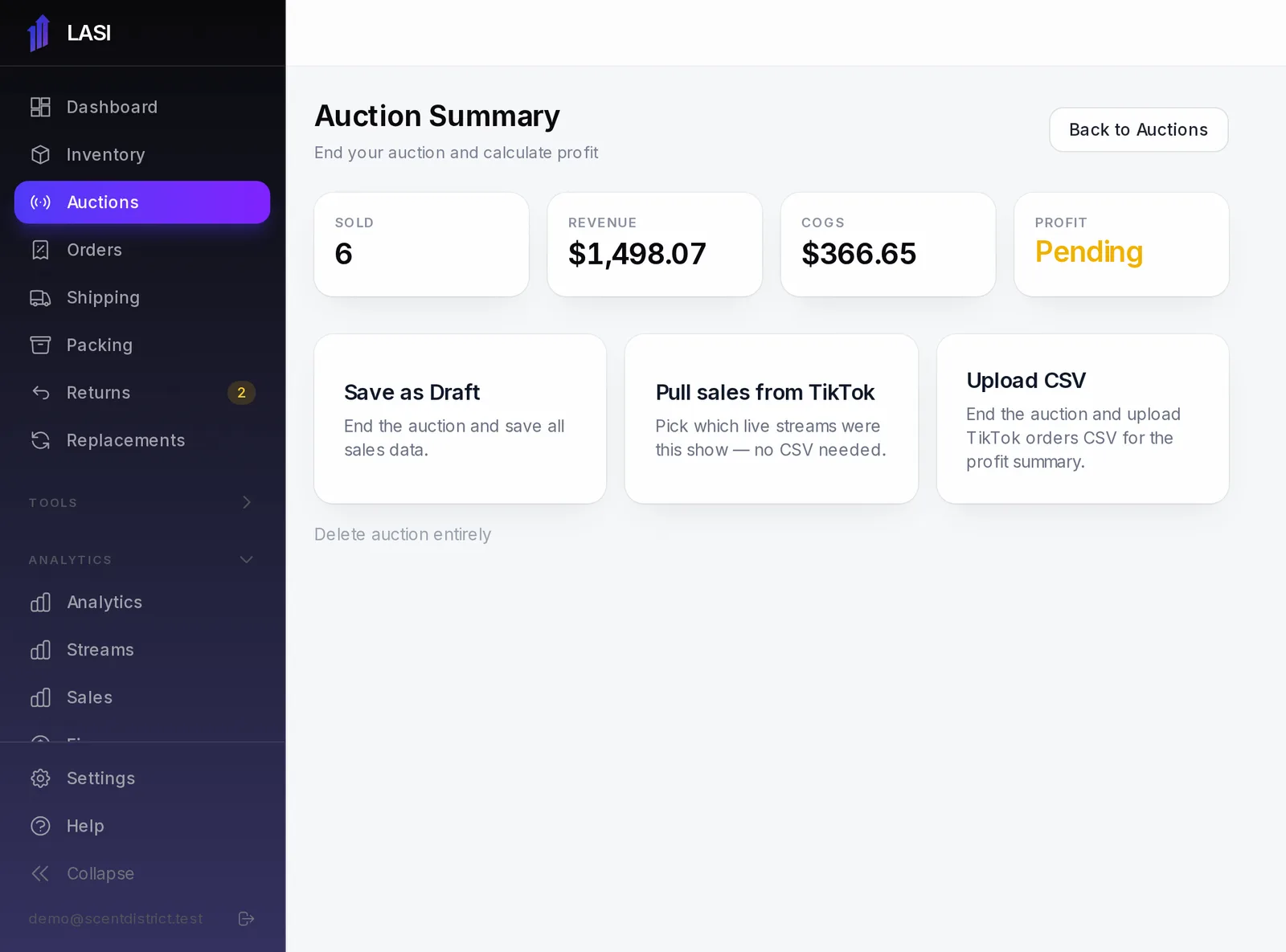 The summary of a counted-back show: save a draft, pull the sales from TikTok, or upload the CSV.
