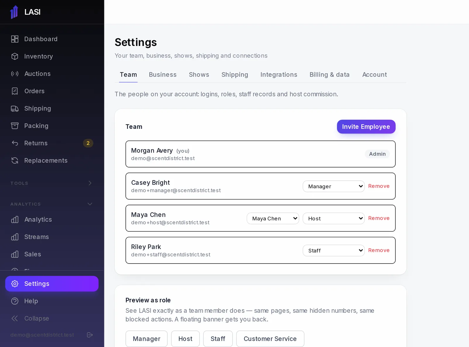 The Team card: each login with its role, and Preview as role below it.